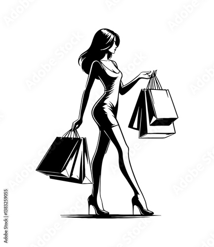 Elegant Woman in Short Dress Walking with Shopping Bags in Black and White Illustration