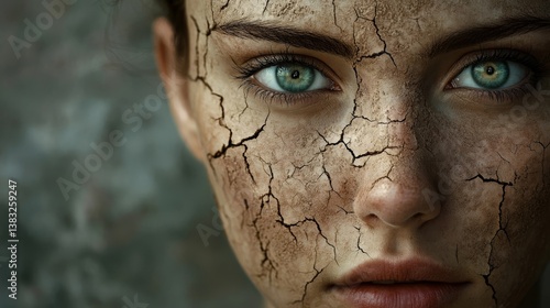 Parched beauty: an exploration of resilience and vulnerability reflected in cracked skin and piercing gaze.