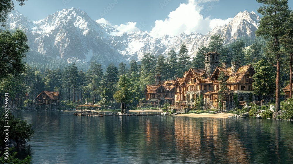 Fototapeta premium Mountain lake village, sunny day