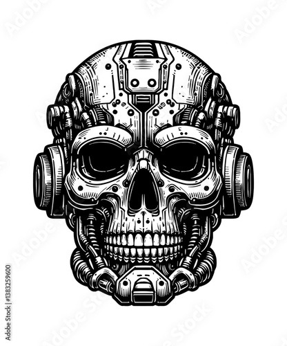 Detailed Black and White Cyborg Skull Vector Illustration for Science Fiction or Futuristic Theme