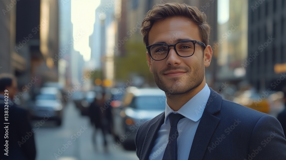A man in a suit and glasses smiling while standing on a busy city street A man in a suit and glasses smiling while standing on a busy city street