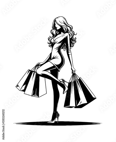 Elegant Woman in Dress Posing with Shopping Bags in Black and White Vector Illustration