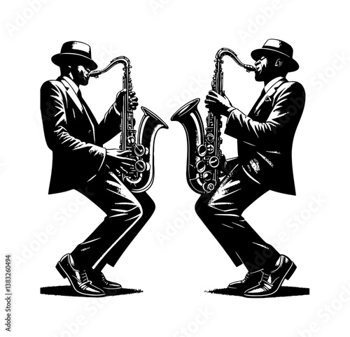 Two Men Playing Saxophone with Black and White Silhouette Style Illustration