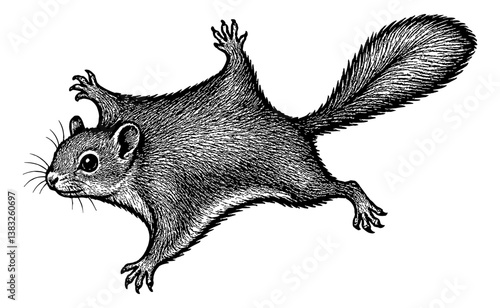 Squirrel flying, engraving style illustration. Squirrel with textured fur and detailed tail.
