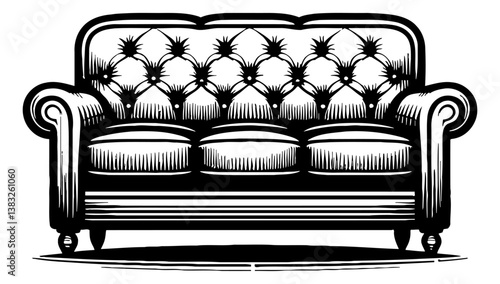 Detailed Black and White Illustration of Tufted Sofa with Three Cushions and Armrests