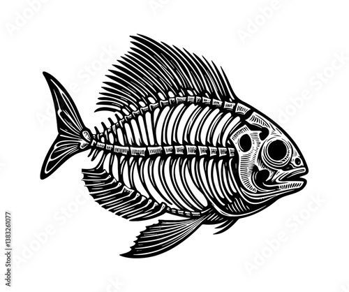 Detailed Black and White Engraving of Fish Skeleton Anatomy with Intricate Bone Structure