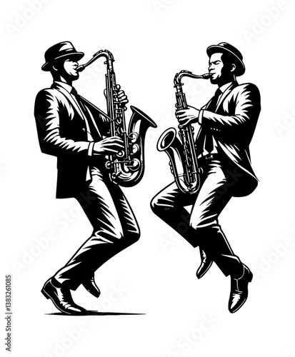 Two men in suits play saxophone music with energy and passion in detailed black and white illustration