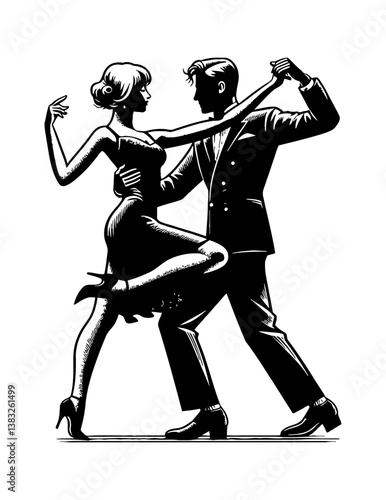 Elegant Tango Dancers in Black and White Illustration, Passionate Couple Dancing Ballroom Tango