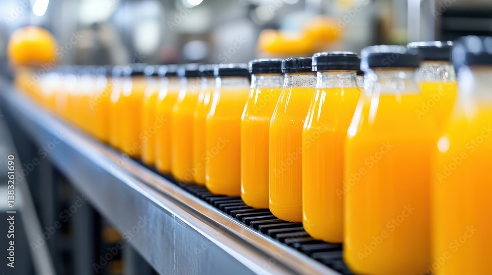 Fototapeta premium Juice drinks moving along a production factory conveyor highlight the streamlined process of beverage manufacturing.