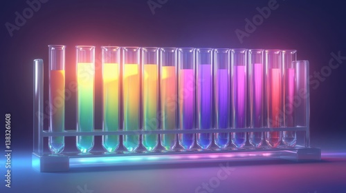 Glowing rainbow test tubes in a row: spectral lights in scientific glassware