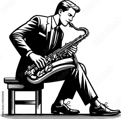 Man in Suit Playing Saxophone Seated on Stool in Black and White Line Art Illustration