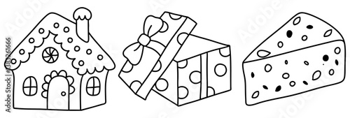 whimsical illustration featuring charming Christmas house, beautifully wrapped gift, and slice of festive cake, perfect