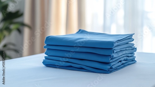 Neatly folded stack of light blue bed sheets on a table