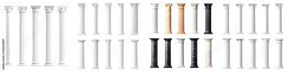 Diverse collection of classical columns in different styles and colors. Diverse collection of classical columns in different styles and colors.