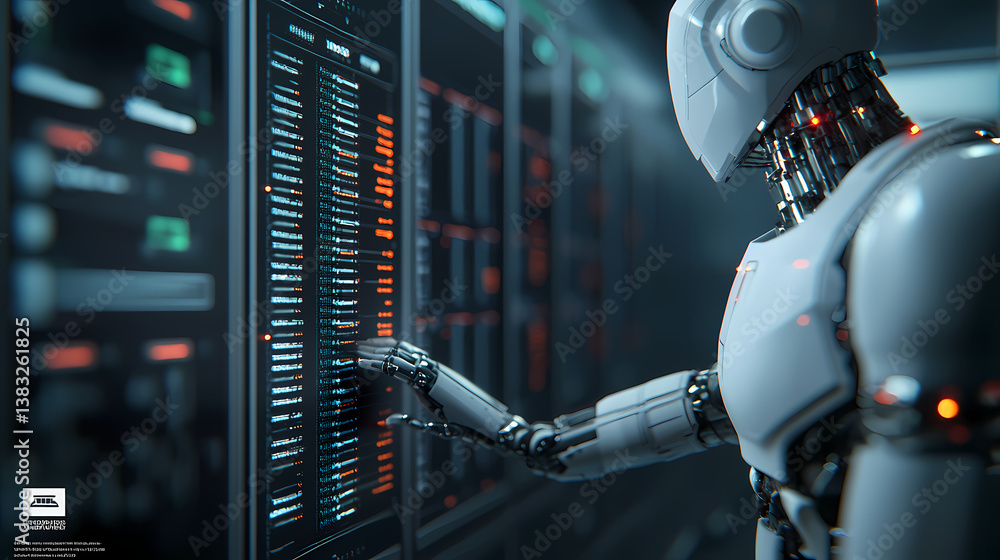 A futuristic robot interacts with a digital interface, showcasing advanced technology in a high-tech environment. A futuristic robot interacts with a digital interface, showcasing advanced technology in a high-tech environment.