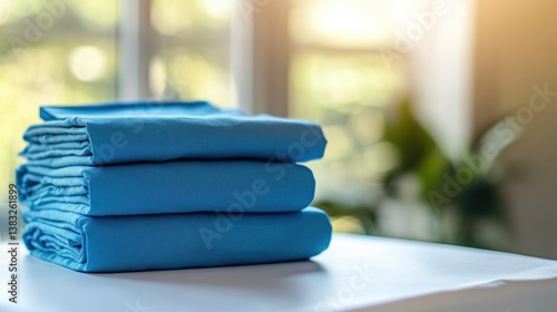 Neatly stacked blue laundry in sunlit room