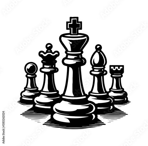 Illustration of Chess Pieces Standing Together in Black and White Vector Image