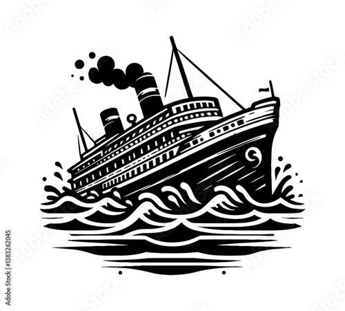 Ocean Liner Ship Titanic Engraving Style Black and White Sinking in Water Waves