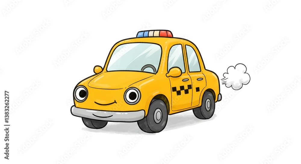 Obraz premium Cartoon Yellow Taxi Cab with Happy Face Driving Away
