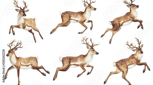 Ethereal leap: a serene assemblage of graceful deer in mid-air, dancing against a pure white canvas.