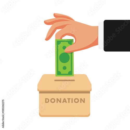 hand inserting money into donation box, financial contribution concept, flat vector illustration