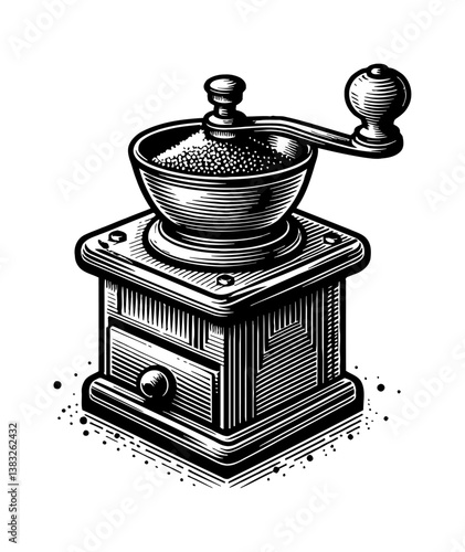 Detailed Black and White Coffee Grinder with Visible Beans Illustration