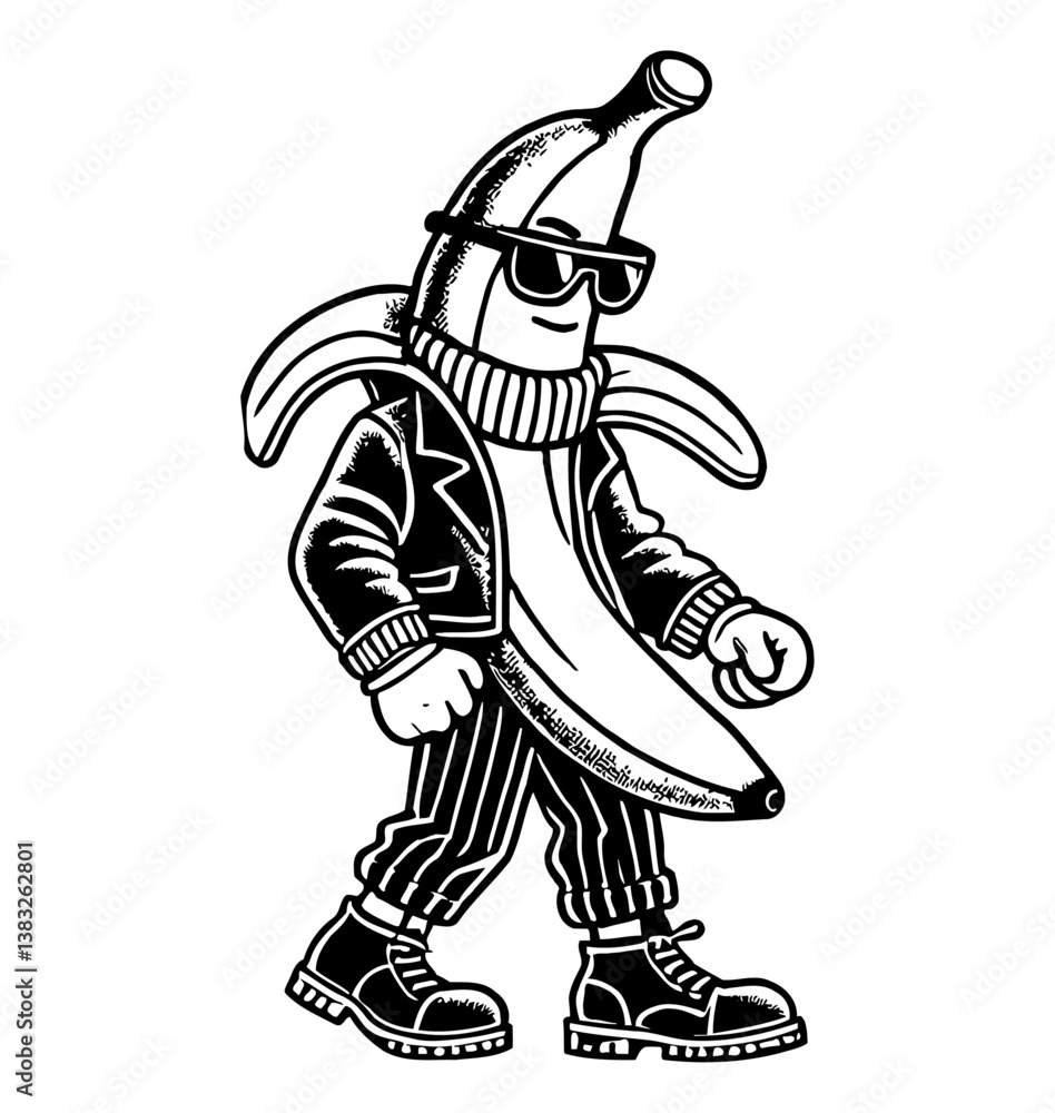 Cool Banana Cartoon Character Walking Confidently Wearing Sunglasses and Jacket in Black and White Cool Banana Cartoon Character Walking Confidently Wearing Sunglasses and Jacket in Black and White