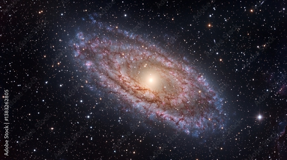 Naklejka premium A stunning view of a spiral galaxy, showcasing vibrant colors and stars against the dark backdrop of space.