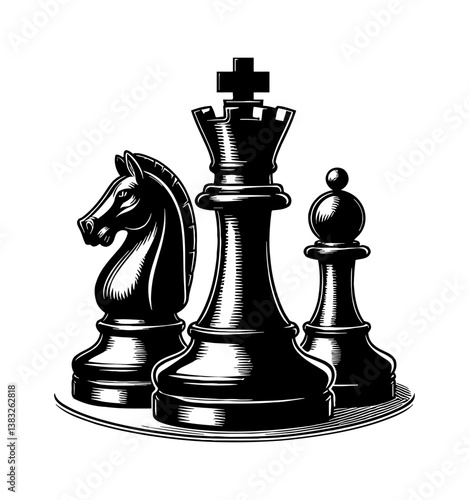 Black and White Illustration of Chess Pieces Including King, Knight, and Pawn on White