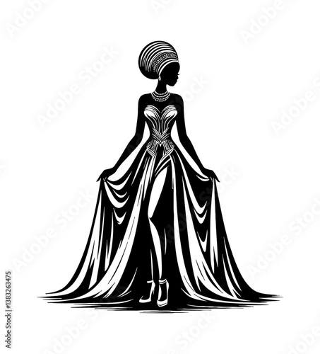 Elegant African Woman in Dress and Headwrap Silhouette Illustration, Black and White Portrait