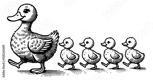 Mother Duck Walking in a Row with Ducklings in Black and White Line Art Drawing