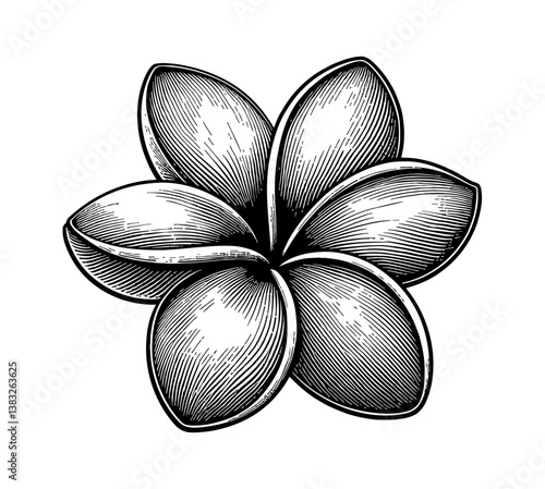 Detailed Engraving Style Illustration of a Frangipani Flower Blossom with Classic Lines