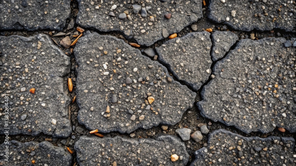 Fototapeta premium Cracked asphalt surface with small pebbles and fragments of wood scattered throughout