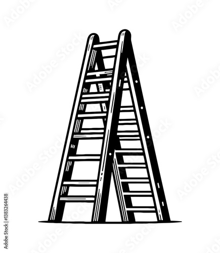 Black and White Illustration of a Folding Ladder in Woodcut Style Isolated on White
