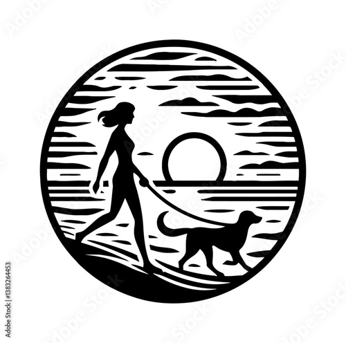Silhouette of a woman walking her dog on the beach at sunset vector illustration in circle