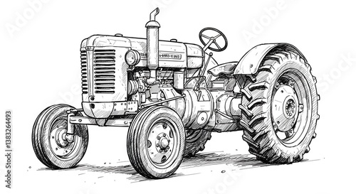 Vintage Tractor Illustration Black and White Farm Vehicle Sketch Art