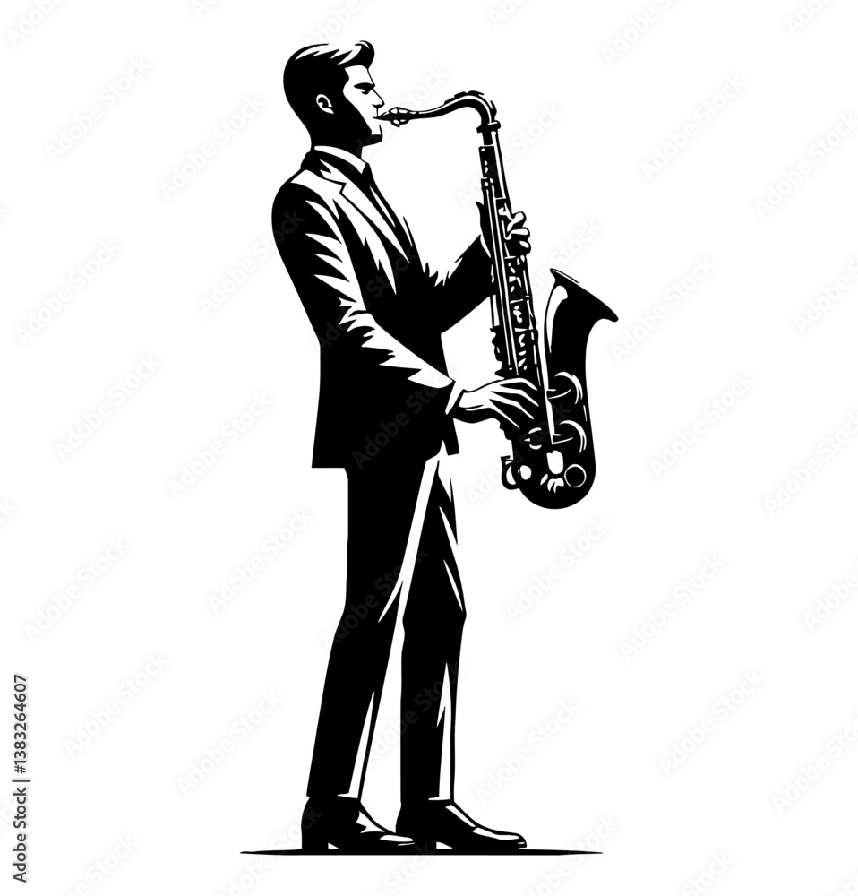 Fototapeta premium Elegant Musician Plays Saxophone with Passion in Black and White Vector Illustration
