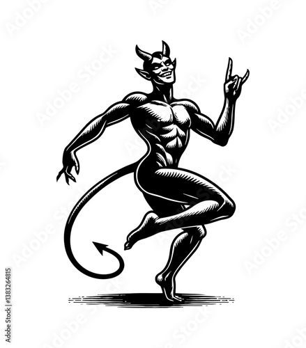 Happy Devil Mascot Dancing with Rock On Hand Gesture in Black and White Illustration