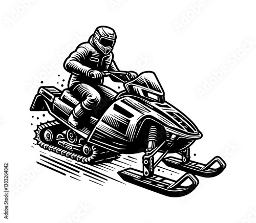 Man riding snowmobile with helmet in monochrome line art drawing style, in action and motion