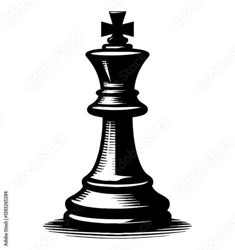 Black Chess King Piece with Detailed Engraved Texture Isolated on White Background