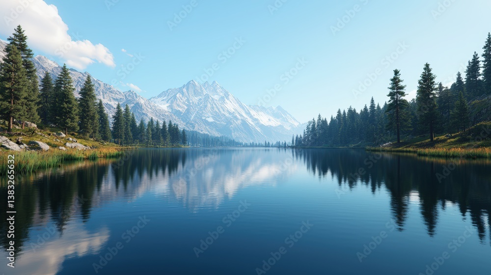 A serene mountain landscape featuring a tranquil lake surrounded by lush forests and majestic peaks under a clear blue sky. A serene mountain landscape featuring a tranquil lake surrounded by lush forests and majestic peaks under a clear blue sky.