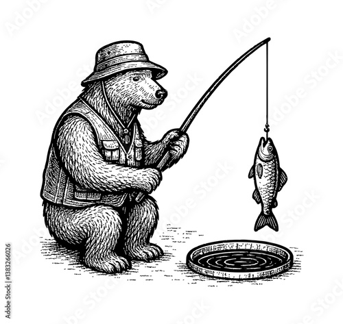 Bear wearing hat and vest fishing with fishing rod and catching fish line art drawing