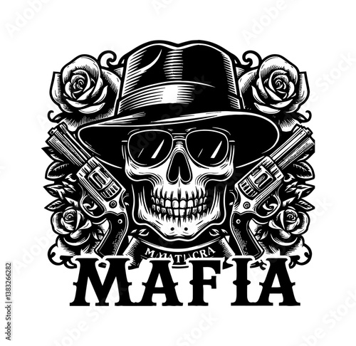Skull Wearing Hat and Sunglasses with Roses and Revolvers Mafia Graphic Art