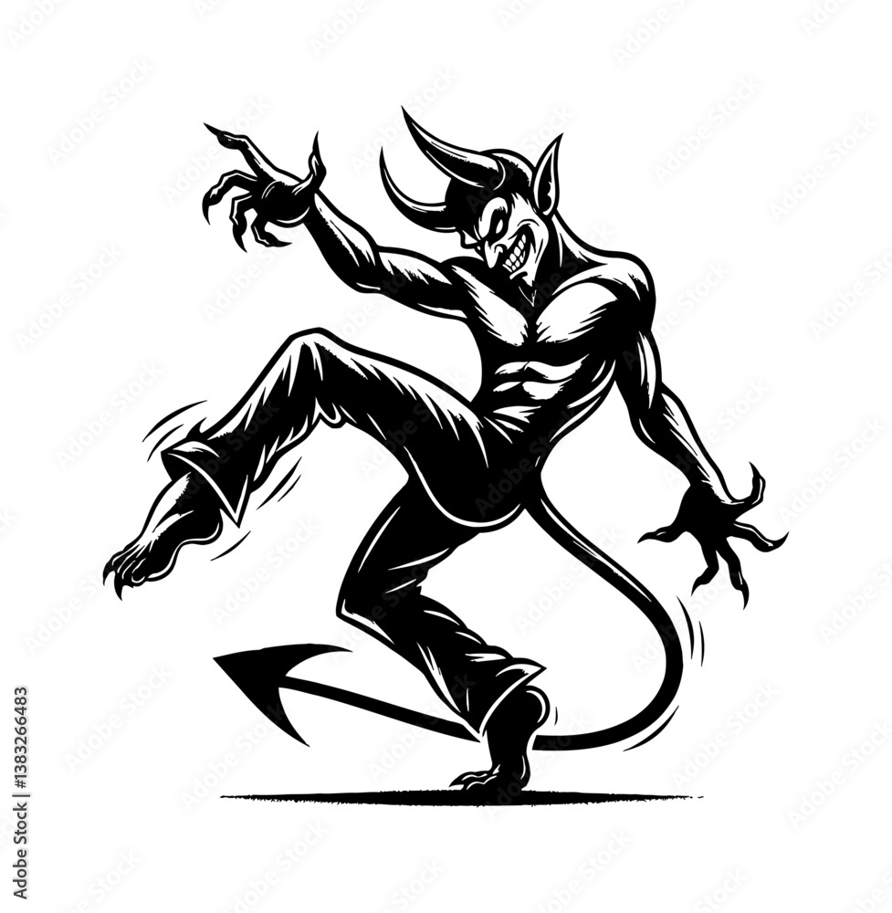 Fototapeta premium A Devil Character Grinning with Sharp Teeth Doing a Dance in Black and White Illustration