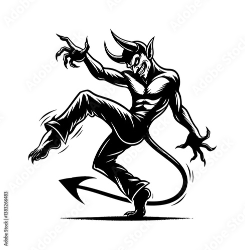 A Devil Character Grinning with Sharp Teeth Doing a Dance in Black and White Illustration