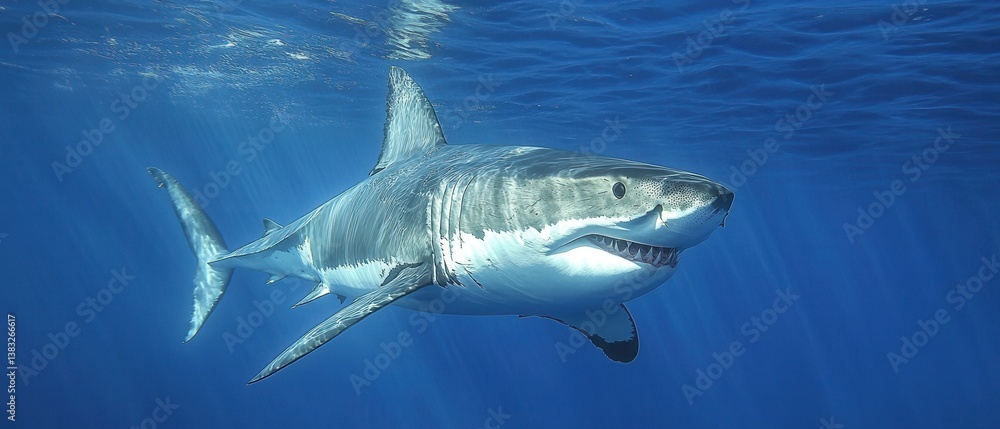 Fototapeta premium Majestic Great White Shark Gliding Through Deep Blue Ocean Waters Sunlight Streams Down Underwater Predator