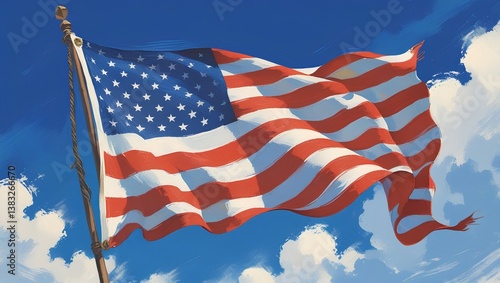 A vibrant and detailed illustration of the American Wave Flag, also known as the Betsy Ross flag, set against a clear blue sky with a few wispy clouds.