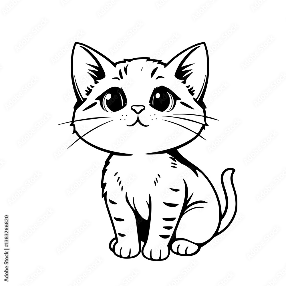Fototapeta premium Cute Cat Illustration Black and White Line Art