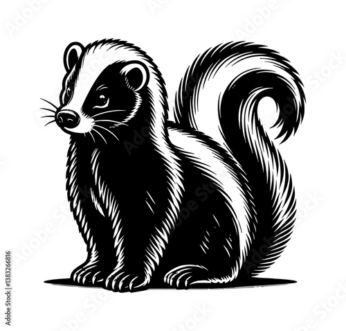 Monochrome Illustration of a Skunk Sitting and Looking Left with Detailed Engraved Black and White