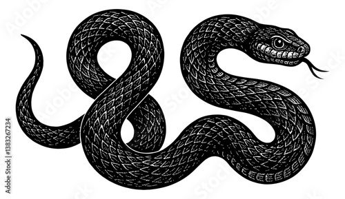 Detailed Black and White Engraving of a Coiled Snake with Tongue Out, Serpentine and Intricate